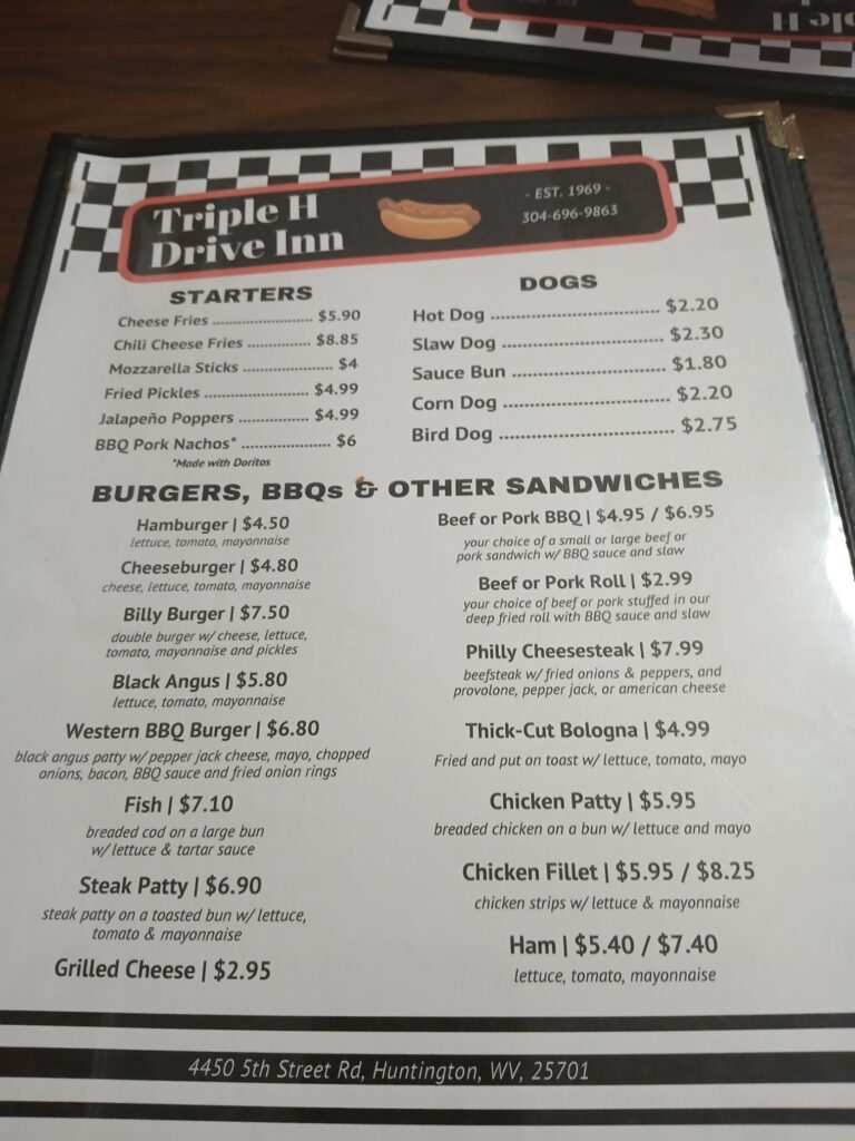 Triple H Drive Inn Menu 1